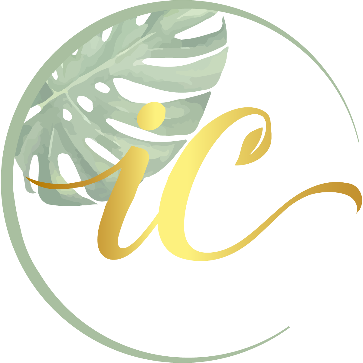 Elegant gold 'ic' logo with green tropical leaf background.