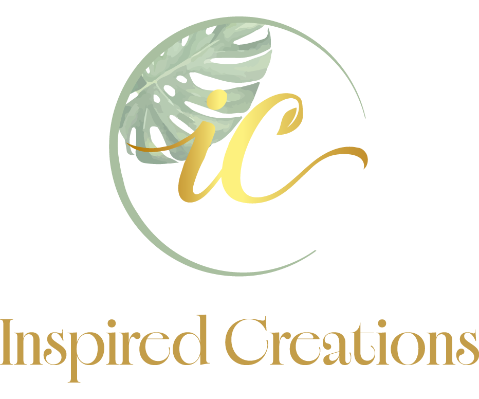 Logo with golden 'ic' and green leaf, text 'Inspired Creations'.