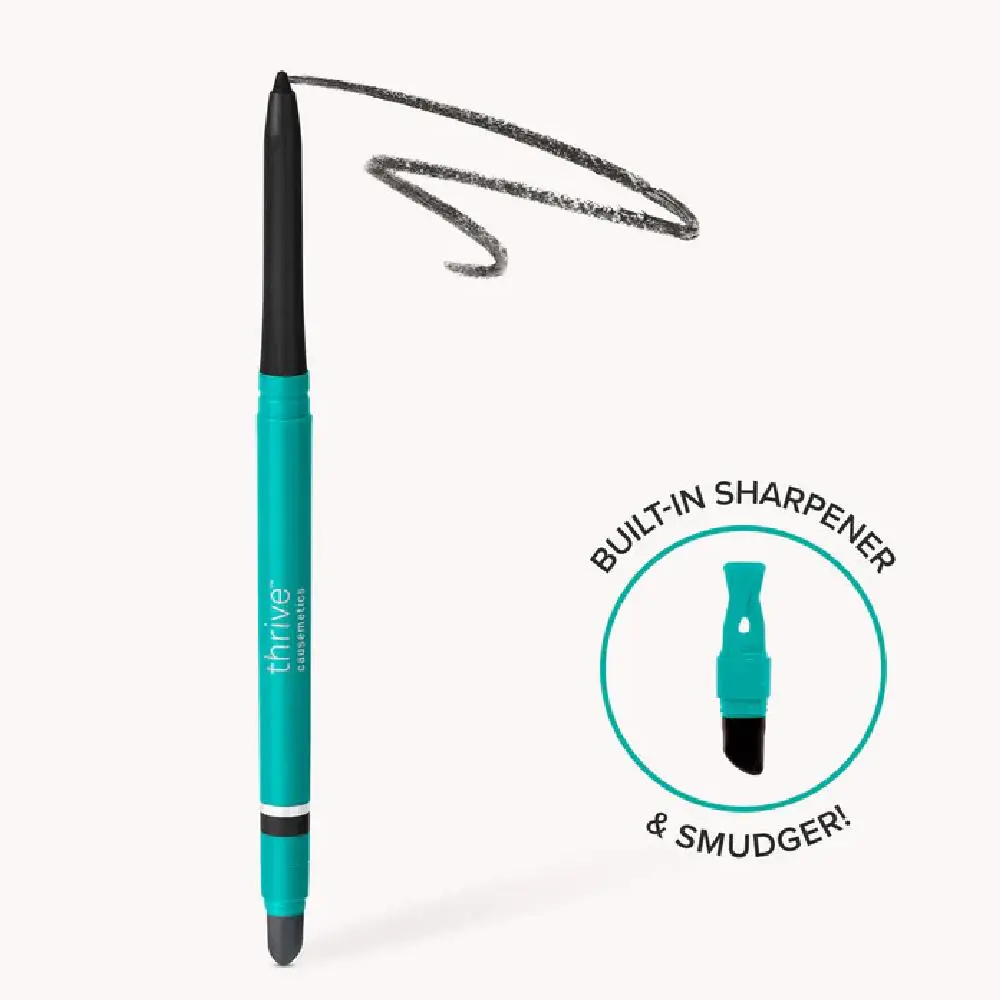 A teal mechanical pencil with a black line drawn above it.