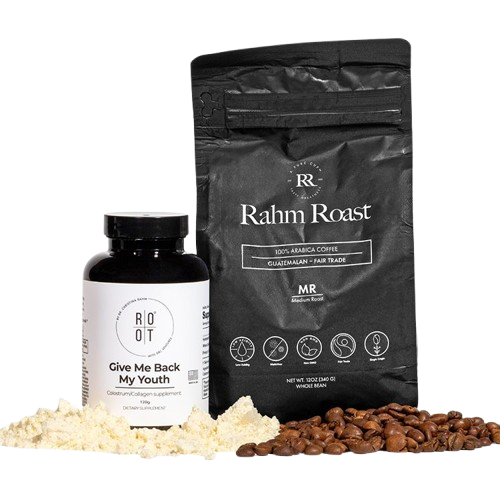 Coffee bag and supplement bottle with powders.