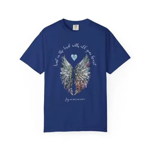 Blue t-shirt with colorful angel wings and a heart design.