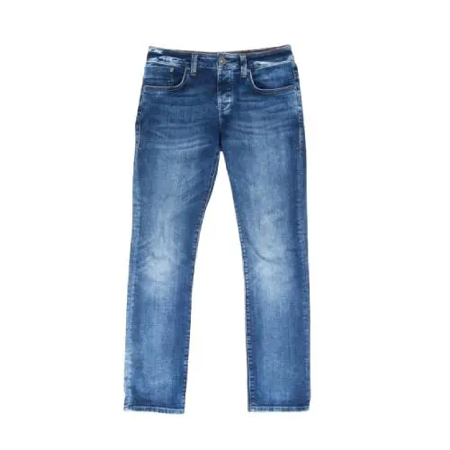 A pair of blue denim jeans with a faded wash.