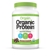 Container of Orgain Organic Protein powder in sweet chocolate flavor.