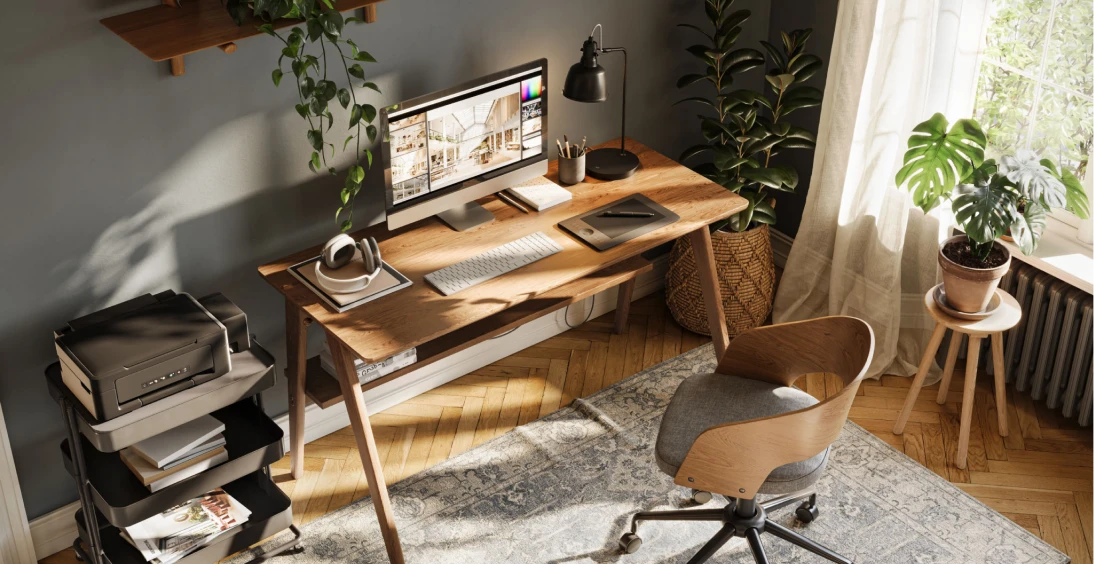 Stylish home office with wooden desk setup.