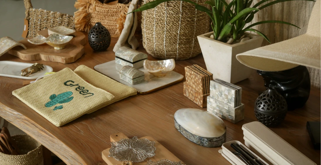 Eco-friendly decor items on wooden table.