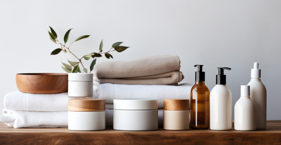 A collection of skincare products and folded towels on a wooden surface.